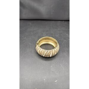Gold Tone Brown Cream Enamel Zebra Print Hinged Bangle Bracelet Cuff